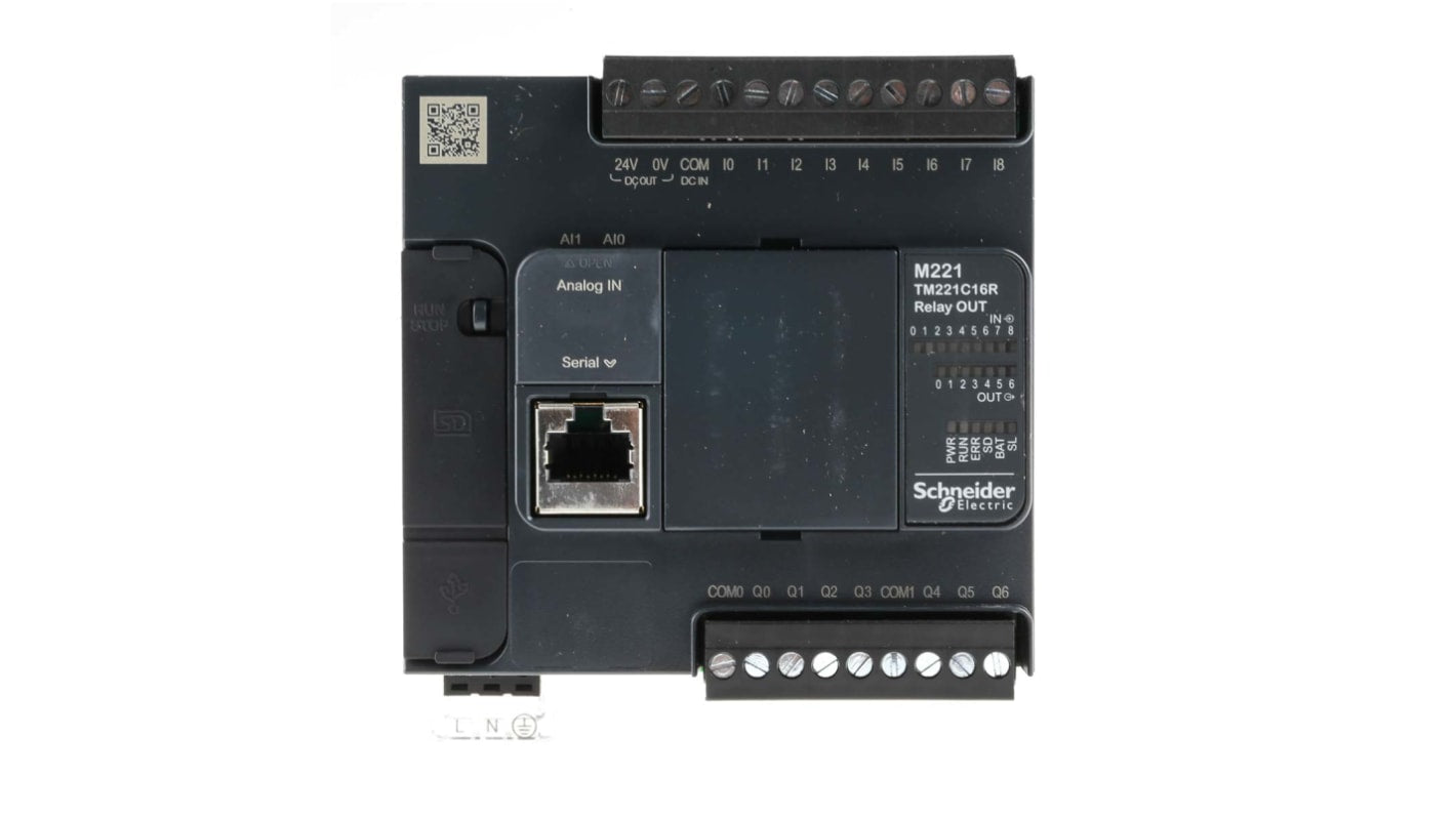 Schneider Electric TM221C16R, CPU PLC Modicon M221, 16 I/O, programmazione CoDeSys, montaggio a pannello, 90 x 70 x 95 mm.