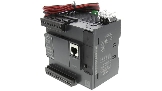 Schneider Electric TM221C16T, CPU PLC Modicon M221, 16 I/O, montaggio a pannello, interfaccia Mini USB, porte Ethernet.