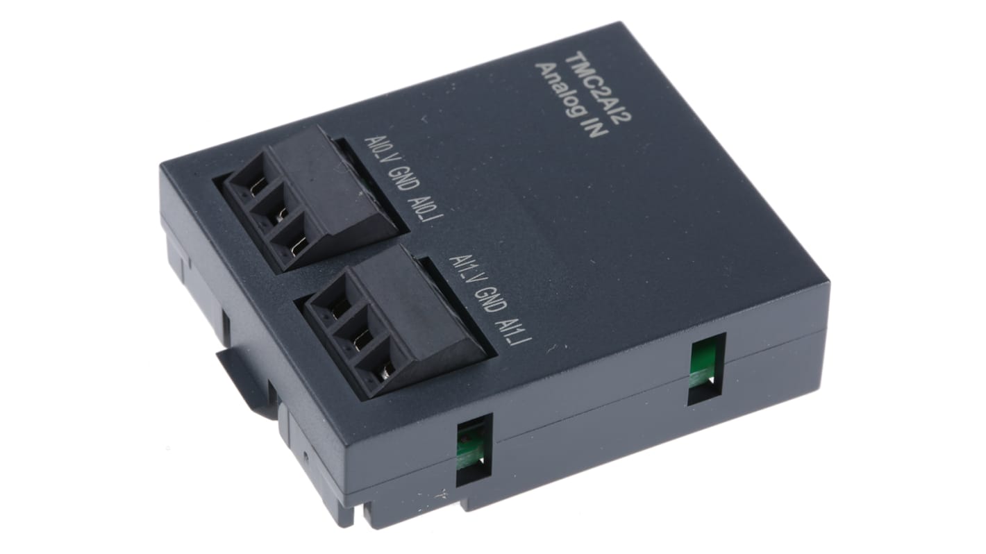 Modulo I/O PLC Schneider Electric TMC2AI2, 2 ingressi analogici, dimensioni 41 x 15 x 35 mm, installazione semplice.
