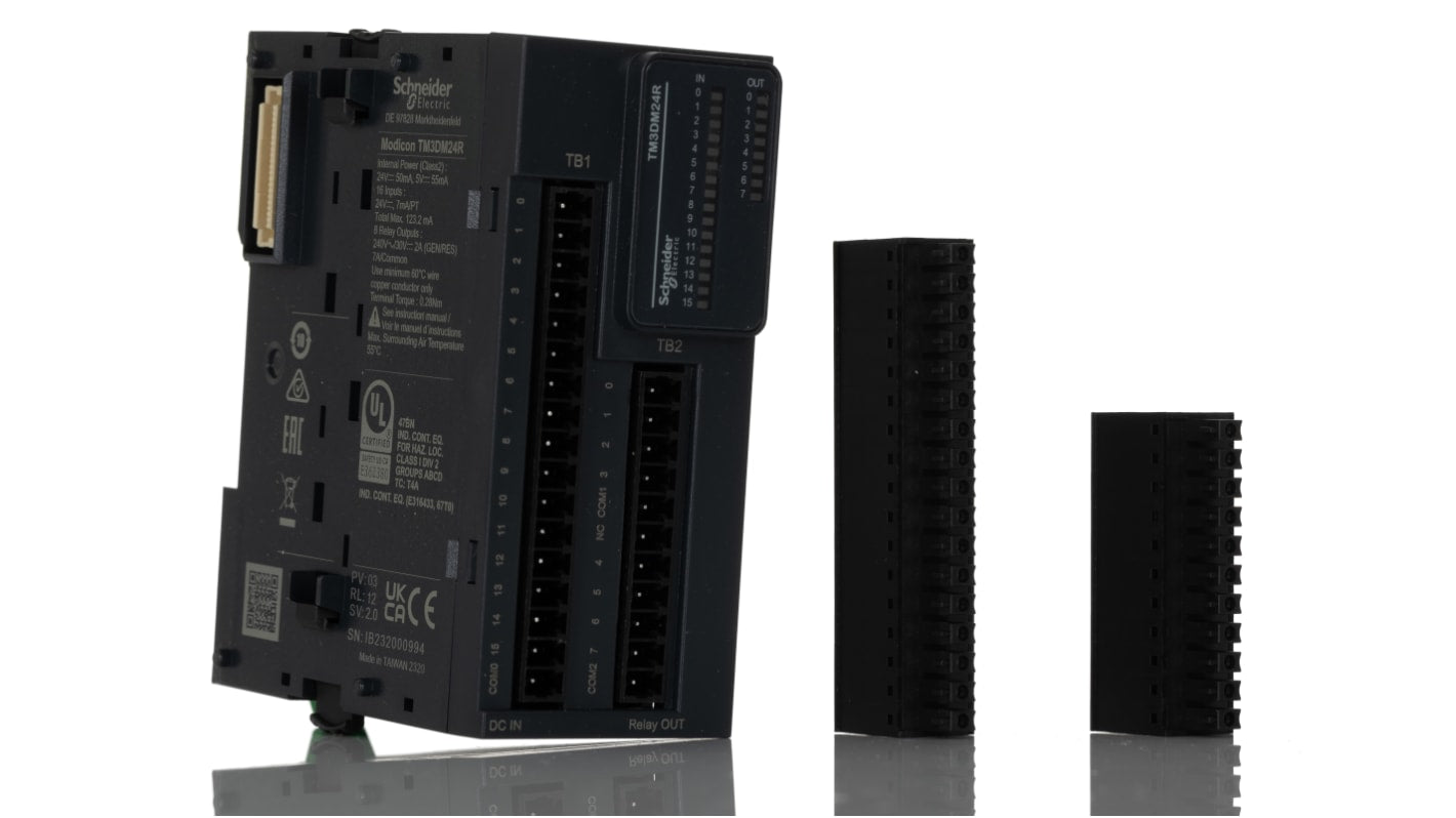 Modulo I/O PLC Schneider Electric TM3DM24R, 16 ingressi digitali e 8 uscite relè, montaggio a pannello, dimensioni 90 x 39,1 x 70 mm.