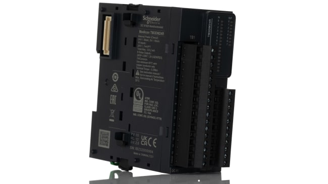 Modulo I/O PLC Schneider Electric TM3DM24R, 16 ingressi digitali e 8 uscite relè, montaggio a pannello, dimensioni 90 x 39,1 x 70 mm.