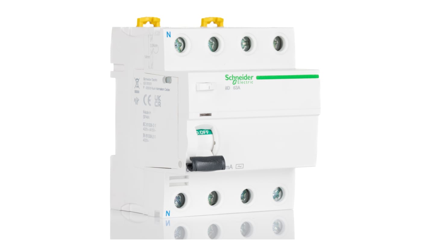 Interruttore Differenziale Schneider Electric A9R41463 4P 63A 30mA iID per protezione elettrica industriale. Adatto a linee di produzione, automazione e edilizia. IP20, dimensioni 91x72x73.5mm.