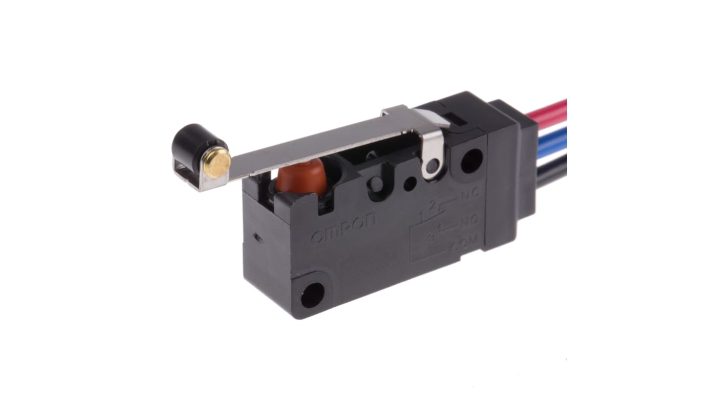 Microinterruttore Omron D2VW-01L2-1MS SPDT, sigillato IP67, attuatore a leva, corrente fino a 5 A, temperatura -40/+85 °C.