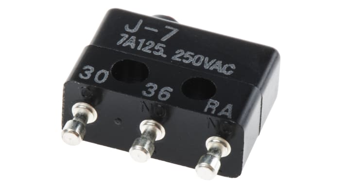 Microinterruttore SPDT Omron J-7, ultraminiaturizzato, attivazione a scatto, montaggio su circuito stampato, conforme RoHS.