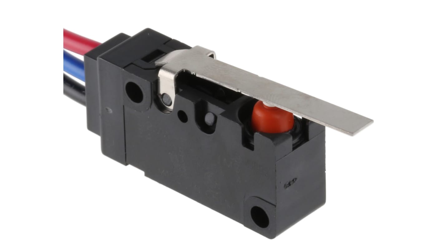 Microinterruttore Omron D2VW-5L1-1MS, SP-CO, attuatore a leva, IP67, corrente 3 A a 125 V, temperatura -40/+85 °C.