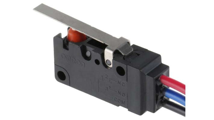 Microinterruttore Omron D2VW-5L1-1MS, SP-CO, attuatore a leva, IP67, corrente 3 A a 125 V, temperatura -40/+85 °C.