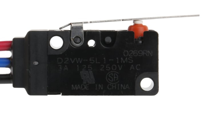 Microinterruttore Omron D2VW-5L1-1MS, SP-CO, attuatore a leva, IP67, corrente 3 A a 125 V, temperatura -40/+85 °C.