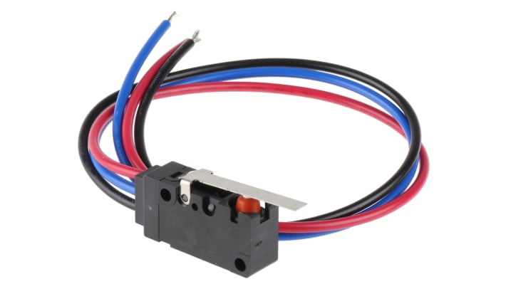 Microinterruttore Omron D2VW-5L1-1MS, SP-CO, attuatore a leva, IP67, corrente 3 A a 125 V, temperatura -40/+85 °C.
