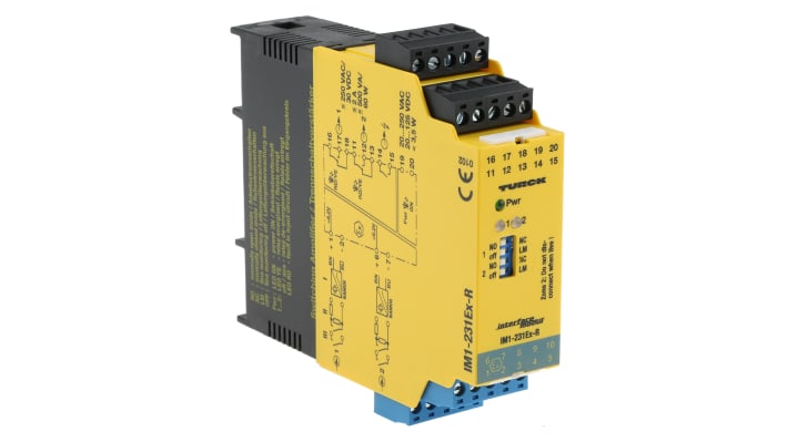 Turck IM1-231EX-R, barriera galvanica a 2 canali, montaggio su guida DIN, alimentazione 20-250V CA, grado di protezione IP20.