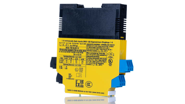 Turck IM31-22EX-I, isolatore analogico a barriera galvanica 2 canali, tensione 20-250V, montaggio su guida DIN.