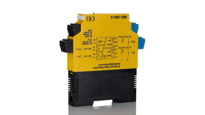 Turck IM31-22EX-U, isolatore di segnale analogico a barriera galvanica, 2 canali, montaggio su guida DIN, dimensioni 104x18x110 mm.