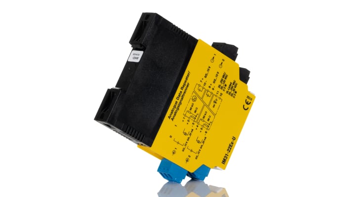 Turck IM31-22EX-U, isolatore di segnale analogico a barriera galvanica, 2 canali, montaggio su guida DIN, dimensioni 104x18x110 mm.