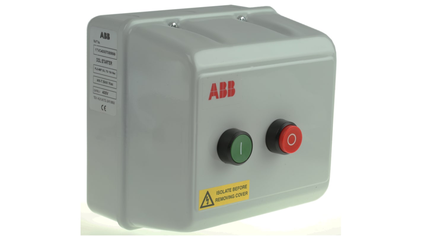 Starter DOL automatico ABB 1TVC400070S5699 per motori trifase, potenza 7,5 kW, grado di protezione IP55, dimensioni 184x184x165 mm.