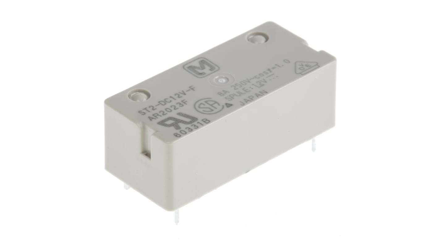 Relè di potenza Panasonic ST2-DC12V-F, DPST, montaggio su PCB, 12V cc, dimensioni 11 x 14 x 31 mm, corrente 8A.