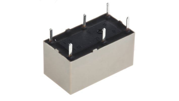 Relè di potenza DPST Panasonic DSP2A-DC5V, montaggio su PCB, dimensioni 10 x 20,2 x 11 mm, tensione max 250V AC.