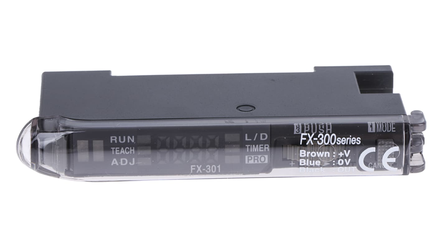 Sensore NPN Panasonic FX-301 per fibre ottiche, alimentazione 12-24 V, dimensioni 70,8 x 10 x 30,5 mm, LED rosso.