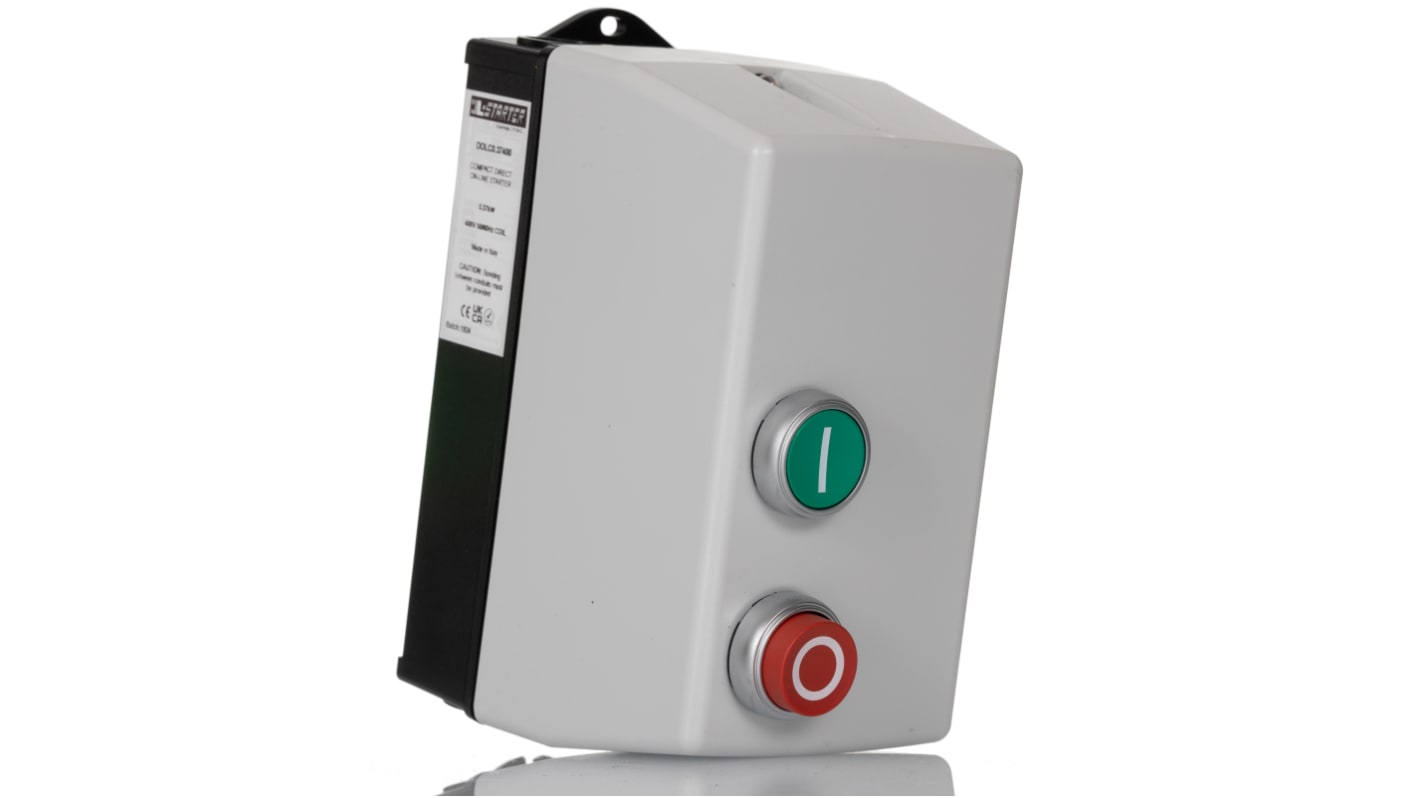 Starter DOL automatico Lovato DOLC0.37400 per motori trifase, potenza 0,37 kW, dimensioni 175x88x109 mm, grado di protezione IP65.