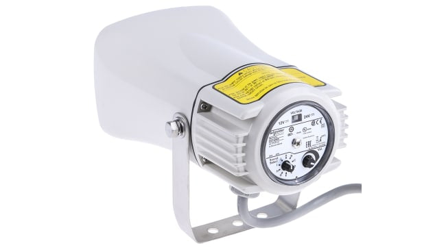 Sirena acustica Schneider Electric XVS14BMW, alimentazione 12-24 V c.c., emissione sonora 105 dB, colore bianco, protezione IP53.