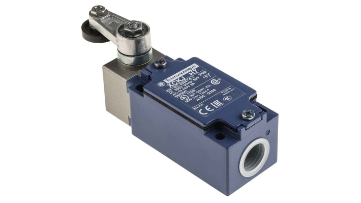Interruttore di fine corsa a rullo Telemecanique Sensors XCKJ10511H7, NO/NC, IP66, 500V, 10A, dimensioni 77x40x44mm, montaggio laterale.