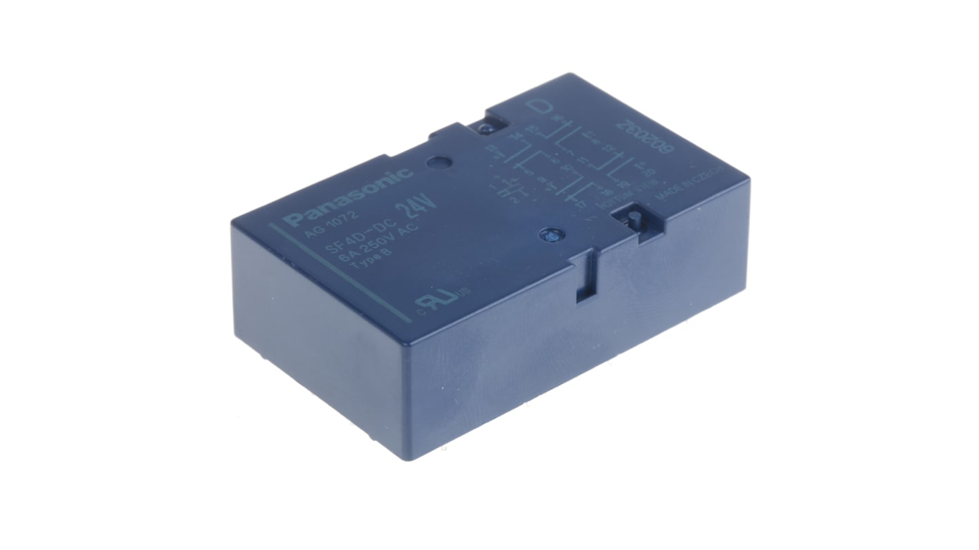 Relè contatti guidati Panasonic SF4D-DC24V per montaggio su circuito stampato, 4 poli 4PDT, dimensioni 53,3mm x 33mm x 16,5mm.