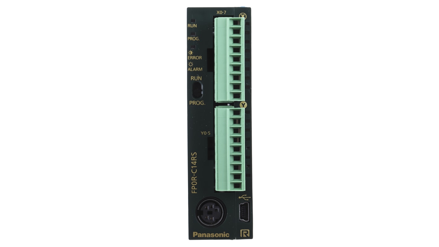 Micro PLC Panasonic AFP0RC14RS, 14 I/O, 24 V c.c., montaggio superficiale, dimensioni 25 x 60 x 90 mm.