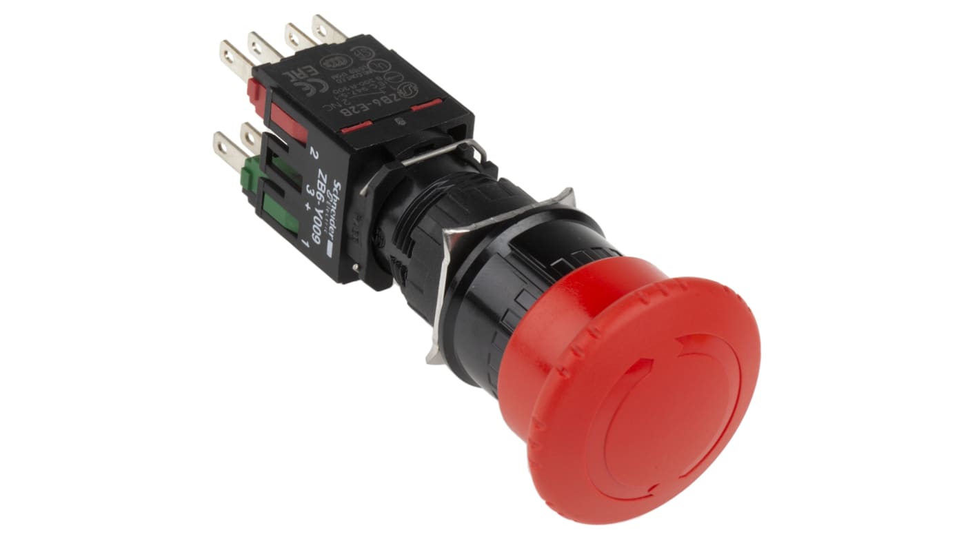 Pulsante di arresto di emergenza Schneider Electric, rosso, montaggio a pannello, diametro foro 16mm, protezione IP65.
