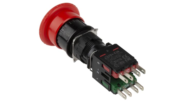 Pulsante di arresto di emergenza Schneider Electric, rosso, montaggio a pannello, diametro foro 16mm, protezione IP65.