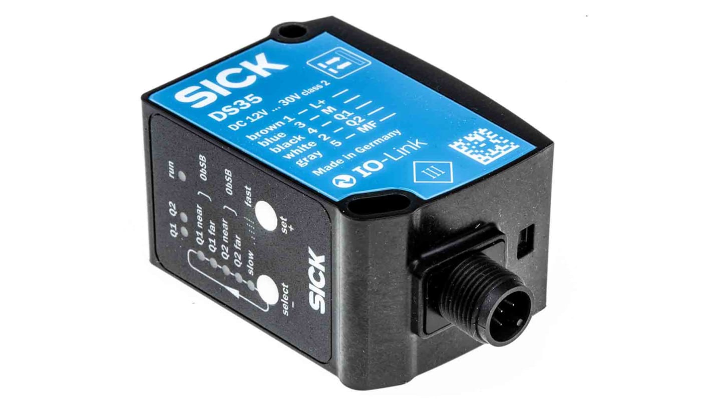 Sensore di distanza Sick DS35-B15821, rettangolare, rilevamento 50 mm-3,1 m, uscita NPN/PNP, montaggio a pannello, IP65/IP67.