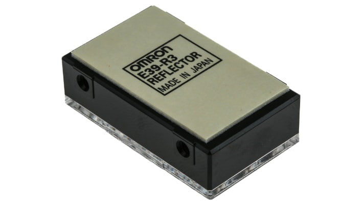 Riflettore Omron E39-R3 per sensori fotoelettrici retro-riflettivi, forma rettangolare, compatibile con serie E3, standard CE.