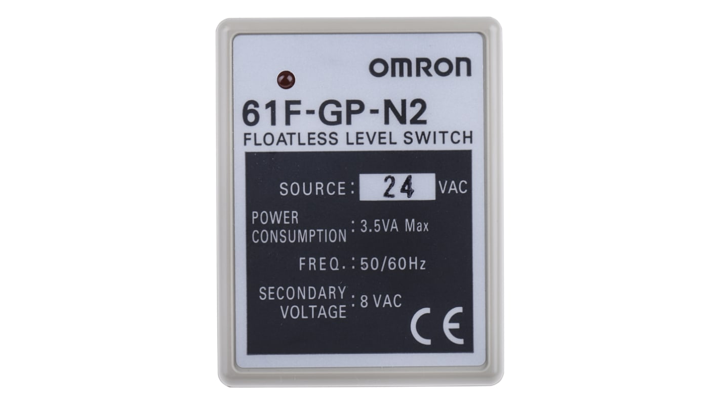 Regolatore di livello conduttivo Omron 61FGPN224ACCE, montaggio su guida DIN, dimensioni 49,4mm x 38mm x 80mm, alimentazione 24V.