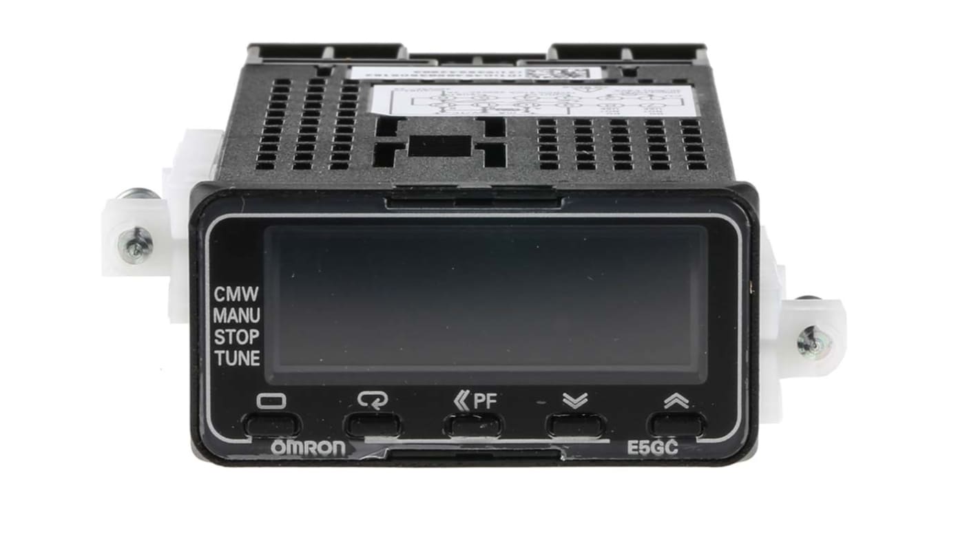 Termoregolatore PID Omron E5GC-QX2A6M-000, montaggio a pannello, dimensioni 24 x 48 mm, ingresso universale, display LCD.