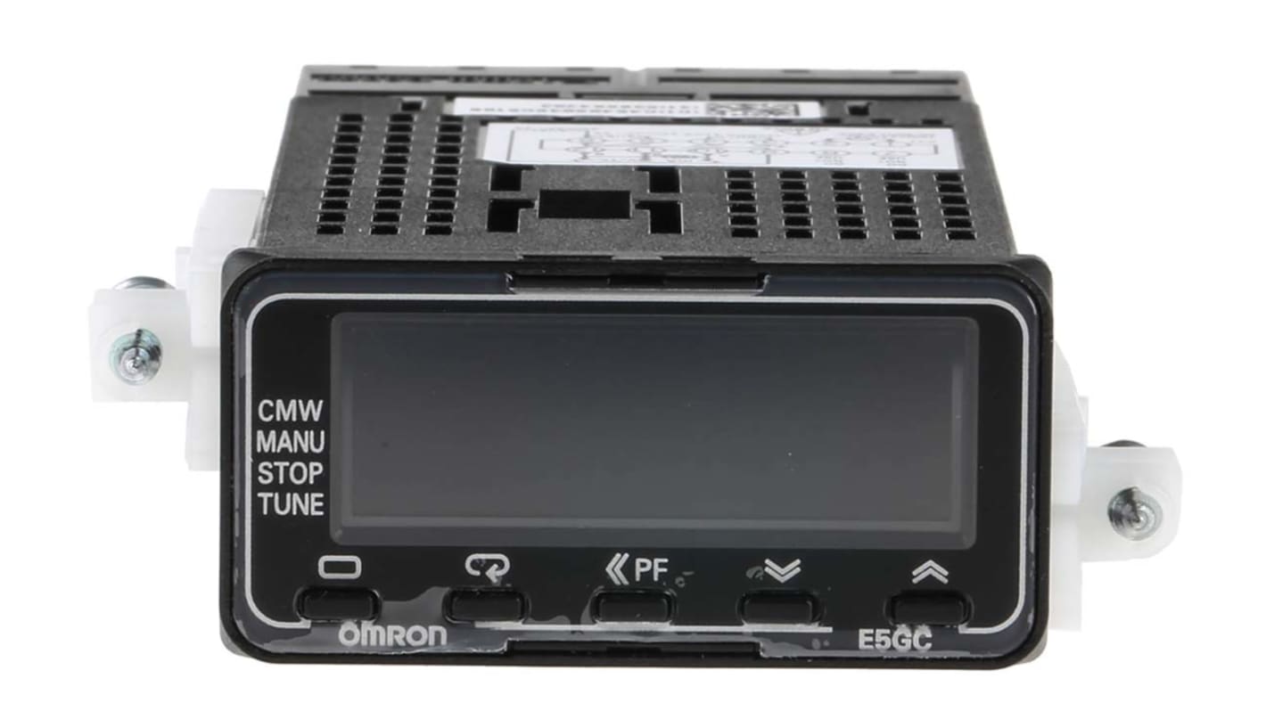 Termoregolatore PID Omron E5GC-QX2ACM-000, 24 x 48 mm, montaggio a pannello, ingresso universale, display LCD bianco.