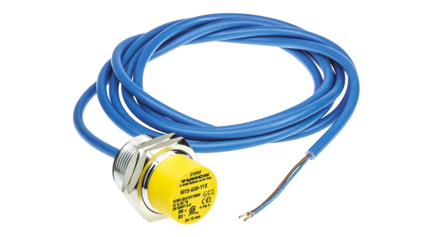Sensore di prossimità cilindrico Turck Ni15-G30-Y1X, M30, uscita NAMUR, rilevamento 15 mm, IP67, temperatura -25°C/+70°C.
