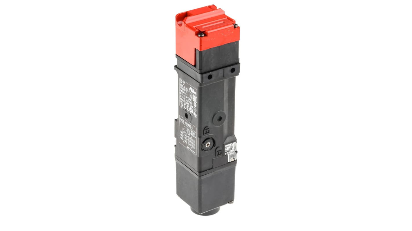 Interruttore di interblocco a solenoide Omron D4SL-N4NDG-D, 24V cc, IP67, contatti 2NC/1NO, dimensioni 179.9x39x39mm.