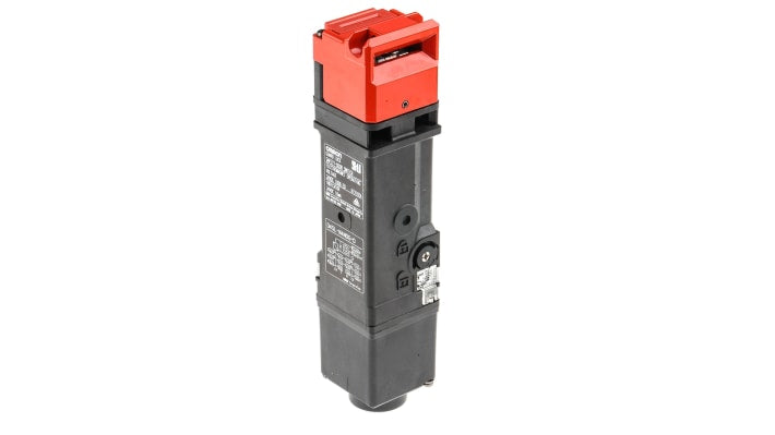 Interruttore di interblocco a solenoide Omron D4SL-N4NDG-D, 24V cc, IP67, contatti 2NC/1NO, dimensioni 179.9x39x39mm.