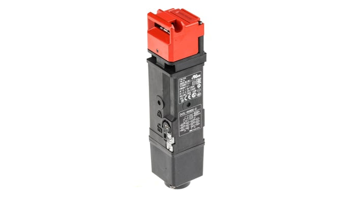Interruttore di interblocco a solenoide Omron D4SL-N4NDG-D, 24V cc, IP67, contatti 2NC/1NO, dimensioni 179.9x39x39mm.