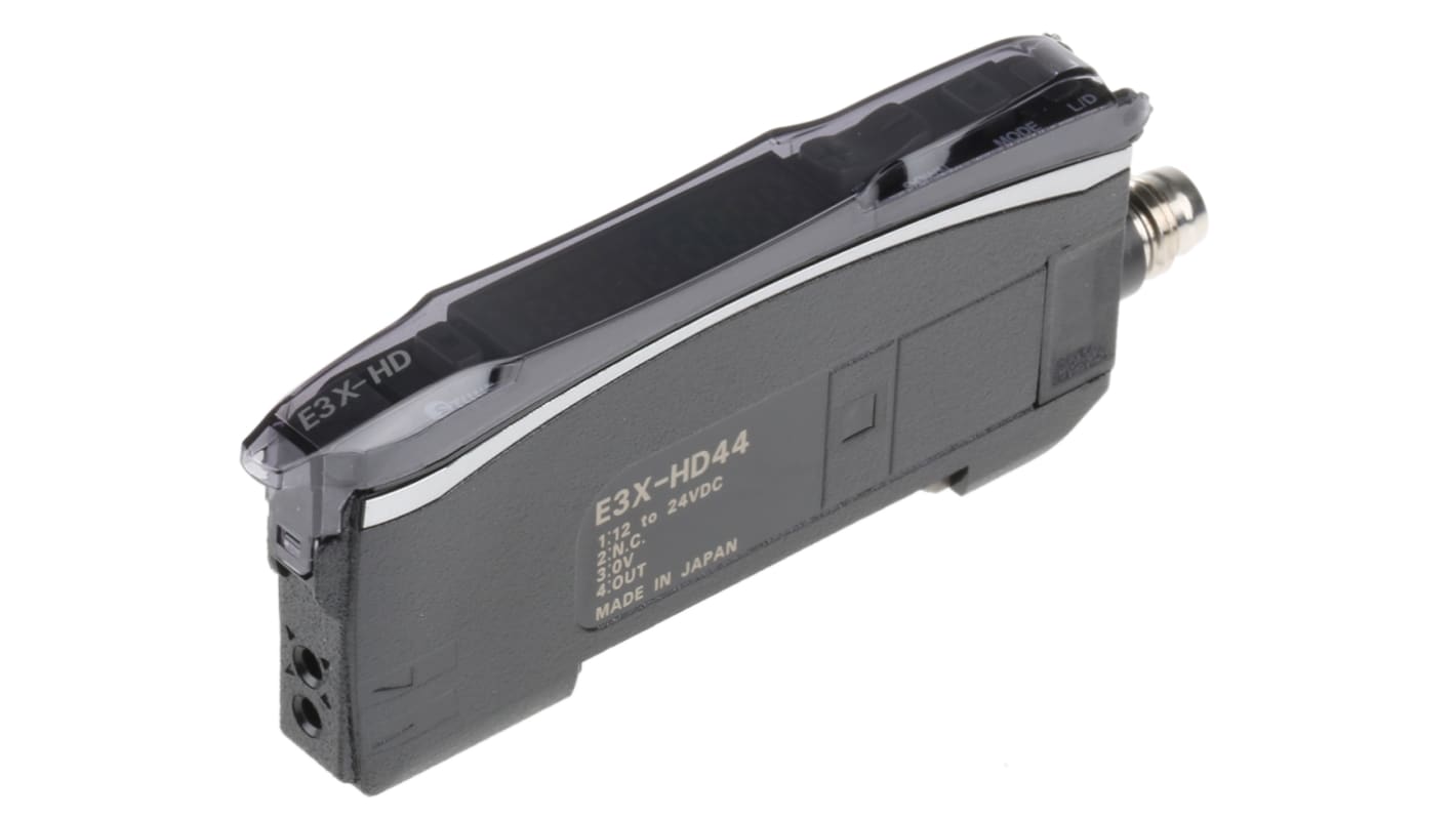 Sensore PNP per fibre ottiche Omron E3X-HD44, alimentazione 12-24 V c.c., dimensioni 104,8 x 10 x 33,5 mm, grado di protezione IP50.