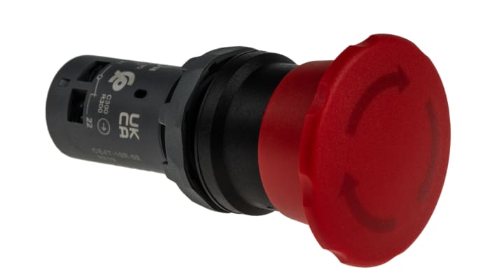 Pulsante di arresto di emergenza ABB, montaggio a pannello, diametro 22,5 mm, protezione IP66/IP67/IP69K, dimensioni 40x40x73 mm.