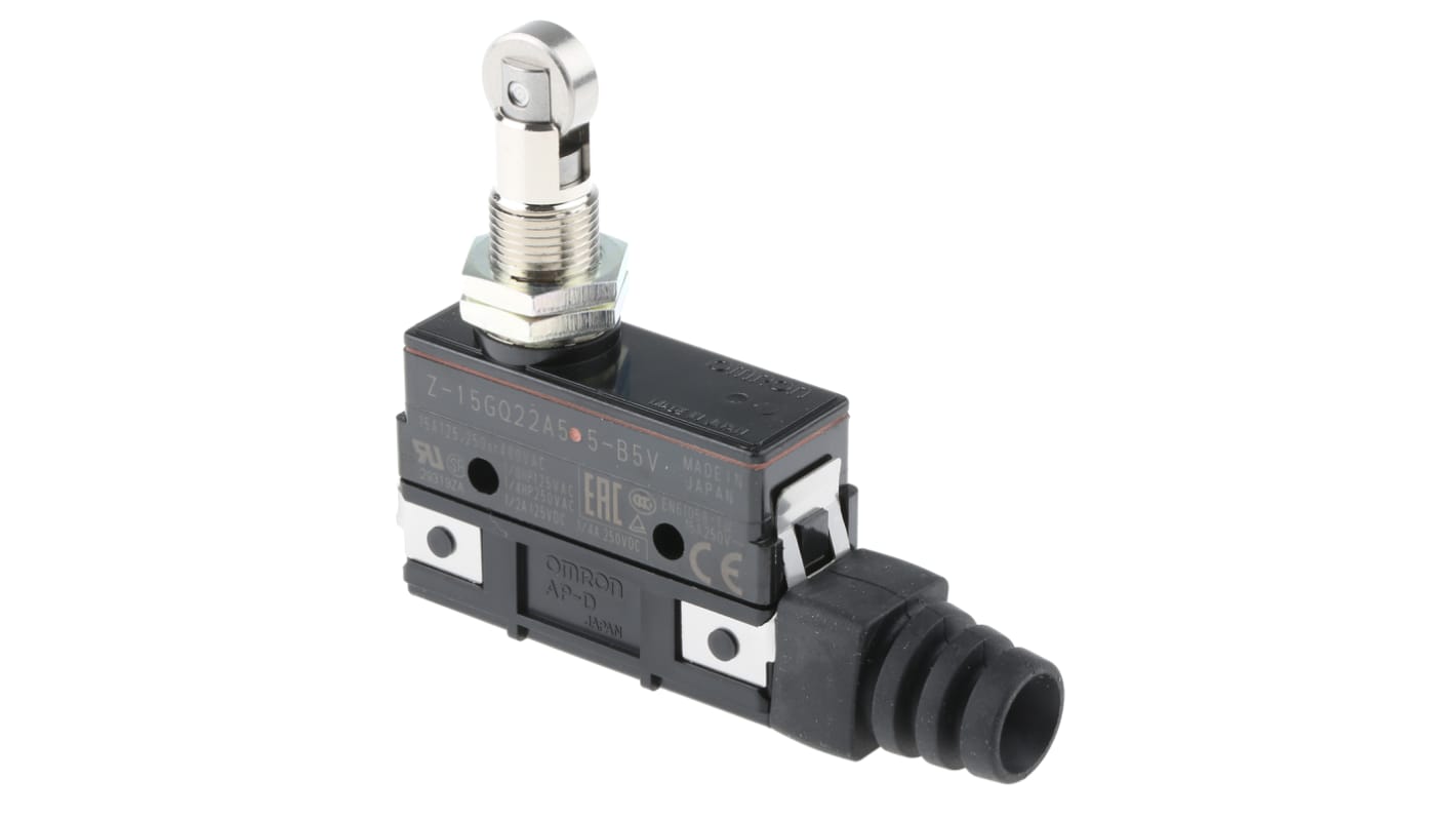 Interruttore di fine corsa Omron Z-15GQ22A55-B5V, tasto a rotella, configurazione SPDT, protezione IP62, dimensioni 81.6 x 35.5 x 17.45 mm.