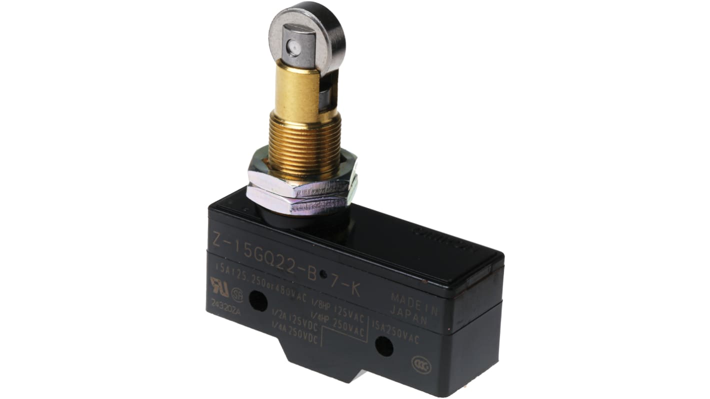 Interruttore di fine corsa Omron Z-15GQ22-B7-K, tasto a rotella NO/NC, corrente 15A, dimensioni 49.2mm x 25.5mm x 17.45mm.