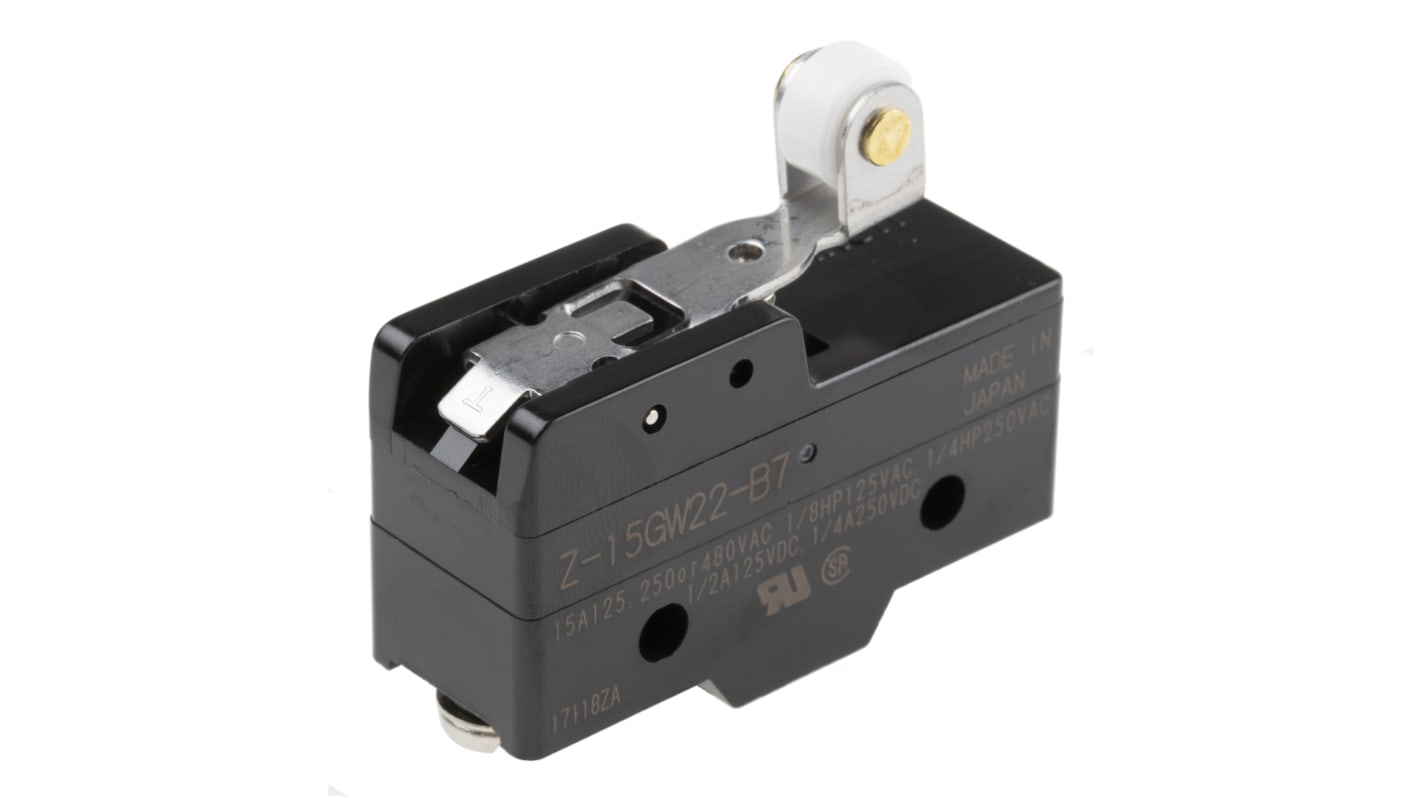 Interruttore di fine corsa Omron Z-15GW22-B7-K, leva a rullo SPDT, contatti NO/NC, dimensioni 49.2mm x 29.4mm x 17.45mm.