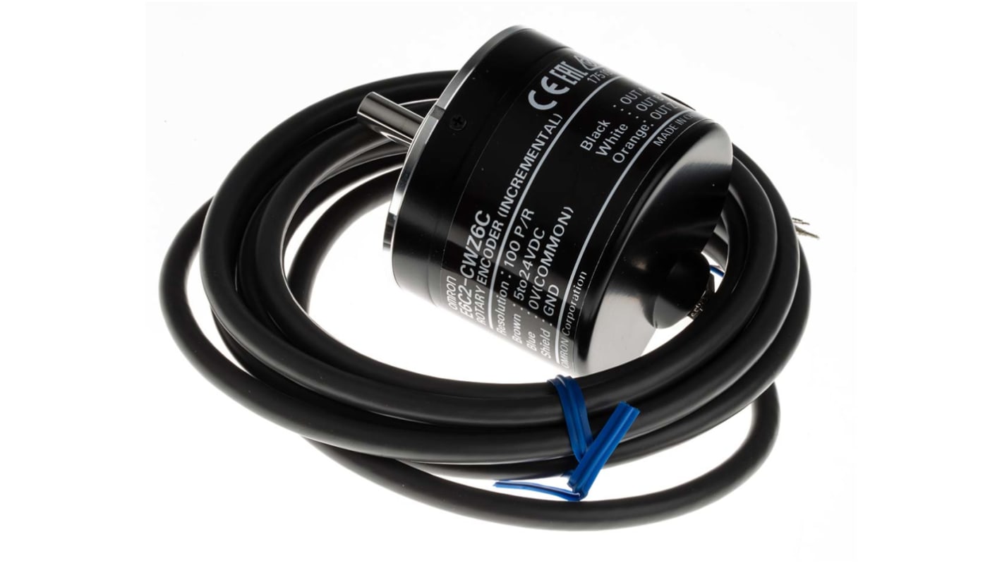 Omron E6C2-CWZ6C, encoder incrementale NPN, 100 impulsi/giro, diametro albero 6 mm, protezione IP64, altezza 66.59 mm.
