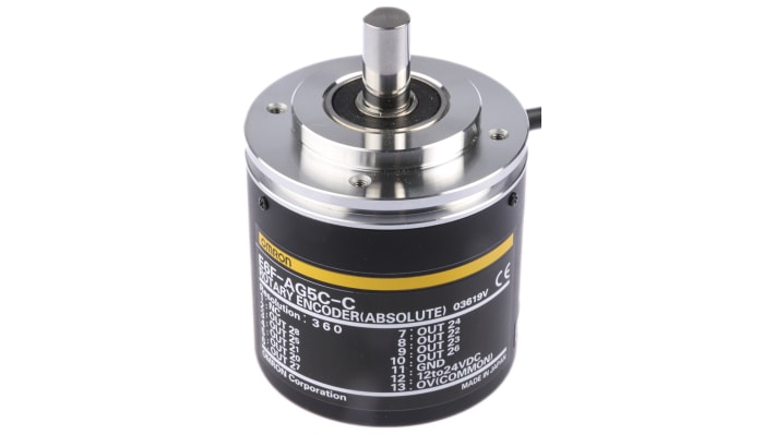 Encoder assoluto NPN Omron E6F-AG5C-C 360 2M, 360 impulsi/giro, diametro albero 10 mm, IP65, altezza 85 mm, larghezza 60 mm.