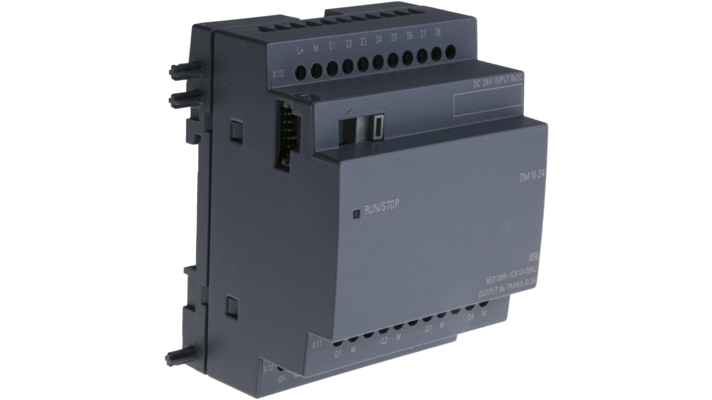Modulo I/O digitale Siemens 6ED1055-1CB10-0BA2 per PLC LOGO!, 8 ingressi/uscite, montaggio su guida DIN, dimensioni 90 x 71,5 x 58 mm.
