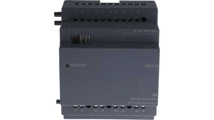 Modulo I/O digitale Siemens 6ED1055-1CB10-0BA2 per PLC LOGO!, 8 ingressi/uscite, montaggio su guida DIN, dimensioni 90 x 71,5 x 58 mm.