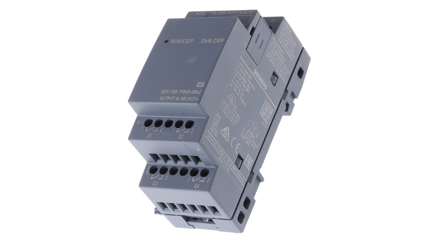 Modulo I/O Siemens LOGO! 4 ingressi digitali, 4 uscite relè per PLC. Montaggio su guida DIN, protezione IP20.