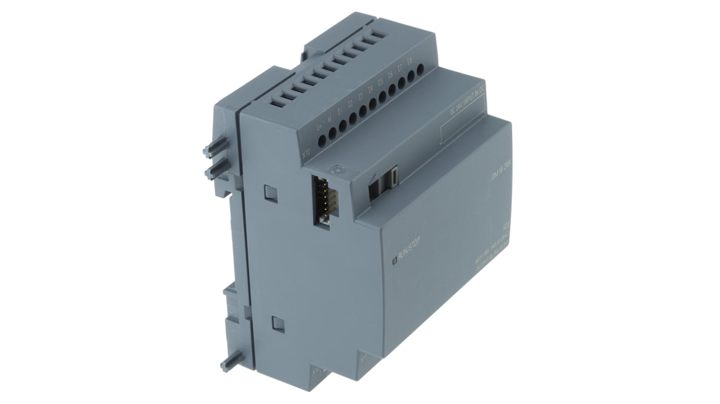 Modulo I/O Siemens LOGO! 6ED1055-1NB10-0BA2: 8 ingressi digitali, 8 uscite a relè, montaggio su guida DIN.