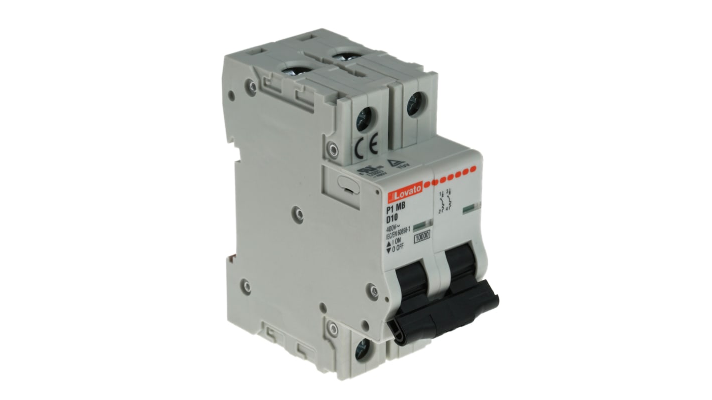 Interruttore magnetotermico Lovato P1MB2PD10, 2 poli, 10A, 10 kA, montaggio su guida DIN, dimensioni 36x86.5x80 mm.