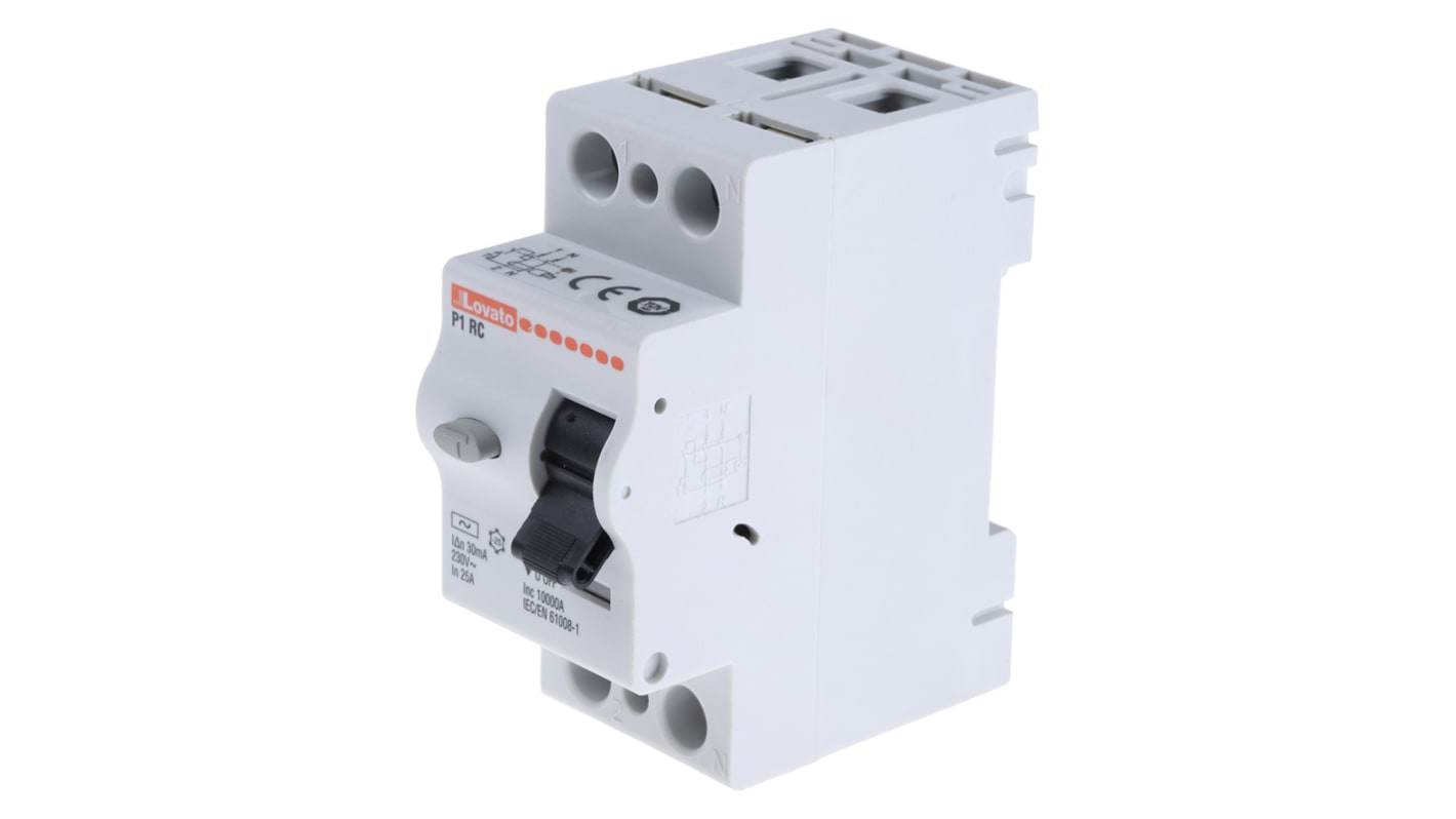 Interruttore differenziale Lovato P1RC2P25AC030, 1P+N, 25A, 30mA, montaggio su guida DIN, tensione 230V.