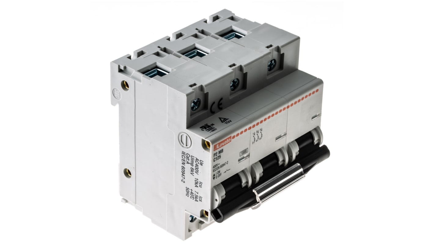 Interruttore magnetotermico Lovato P2MB3PC125, 3 poli, 125 A, curva C, montaggio su guida DIN, dimensioni 81x85x80 mm.